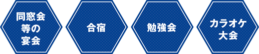 同窓会等の宴会/合宿/勉強会/勉強会/カラオケ大会/